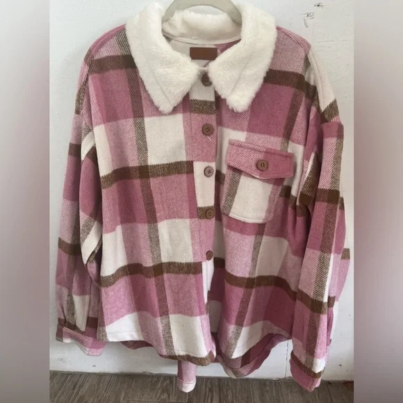 Umgee Plaid Brushed Flannel Shacket With Faux Fur Collar Size M - Picture 7 of 10